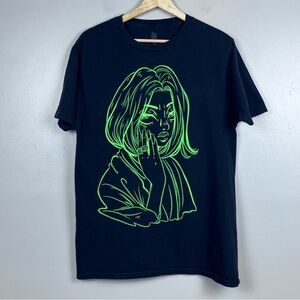 Billie Eilish Women's Green Anime Sketch Graphic Print Tee Shirt Size S; Band